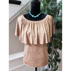 Chico's Women's Beige Polyester Ruffle Boat Neck Short Sleeve Blouse Size 1 (M)